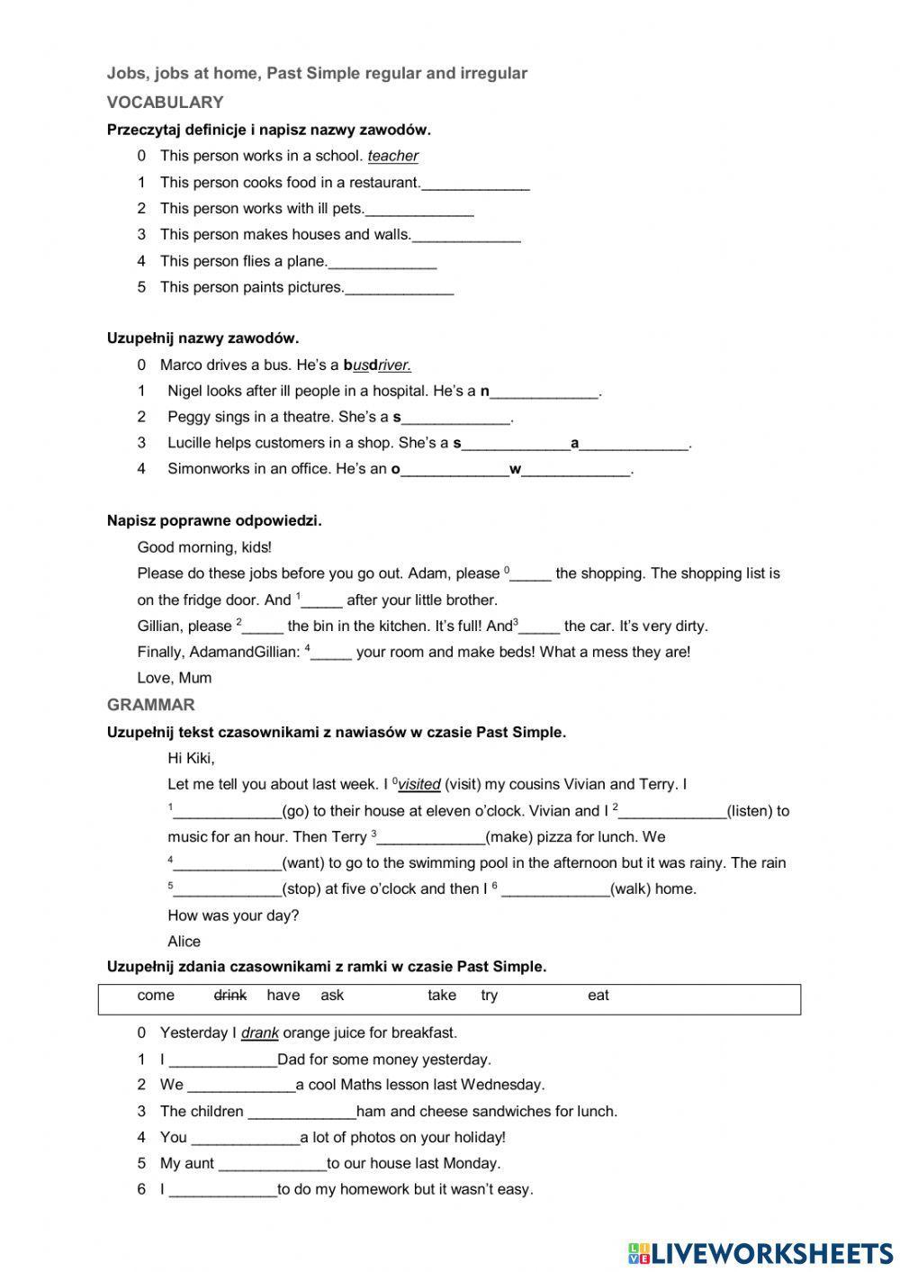 Jobs, jobs at home, Past Simple regular and irregular
