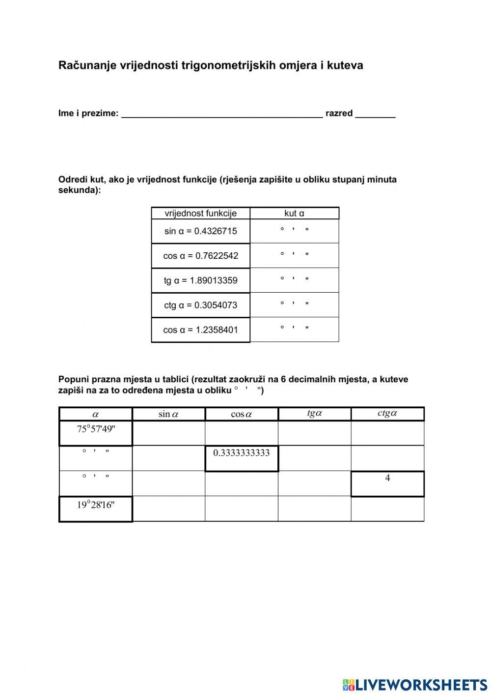 Računanje vrijednosti trigonometrijskih omjera i kuteva