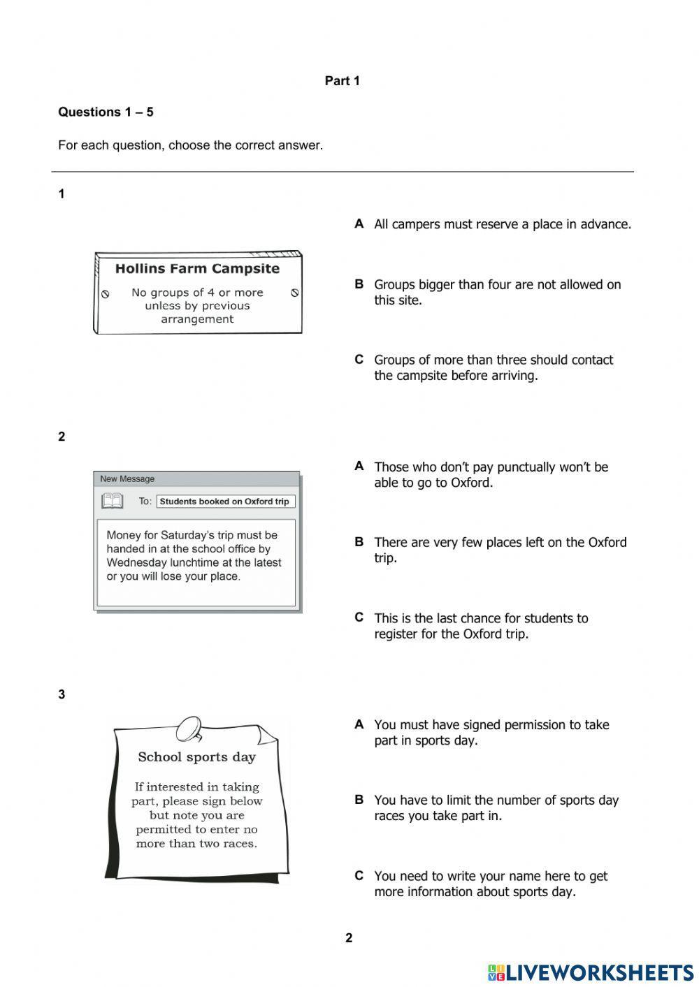 PET for Schools Sample Reading 1.1
