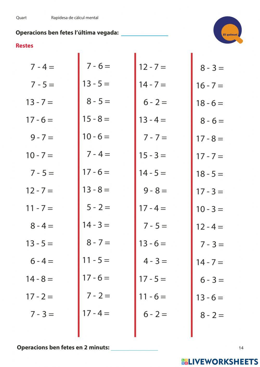 Càlcul ràpid restes nivell 4t. Quinzet