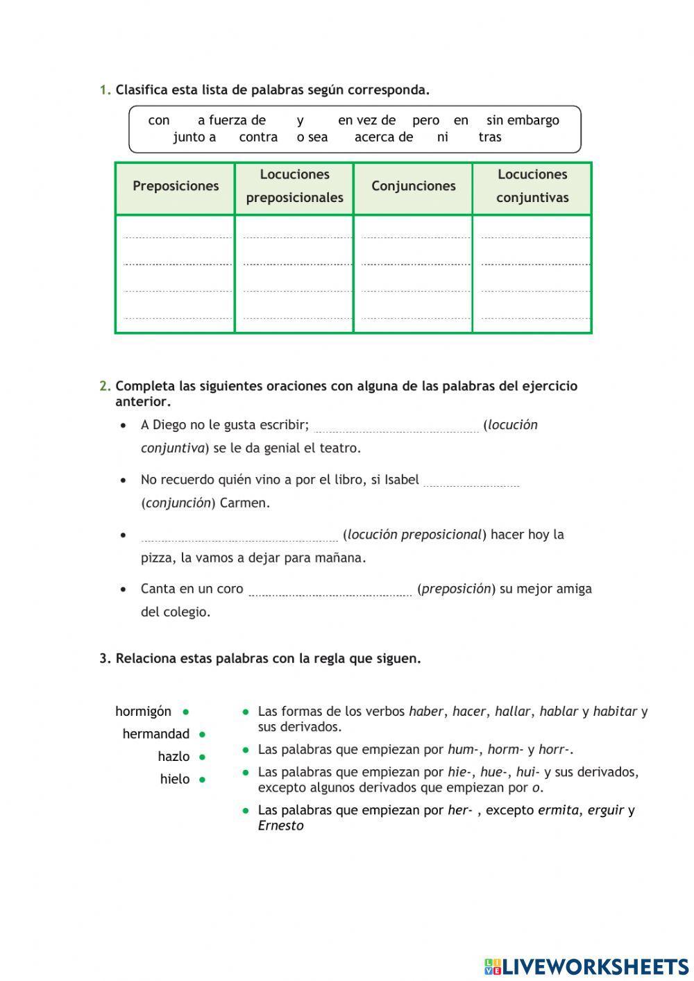 Preposiciones, conjunciones y uso de la h