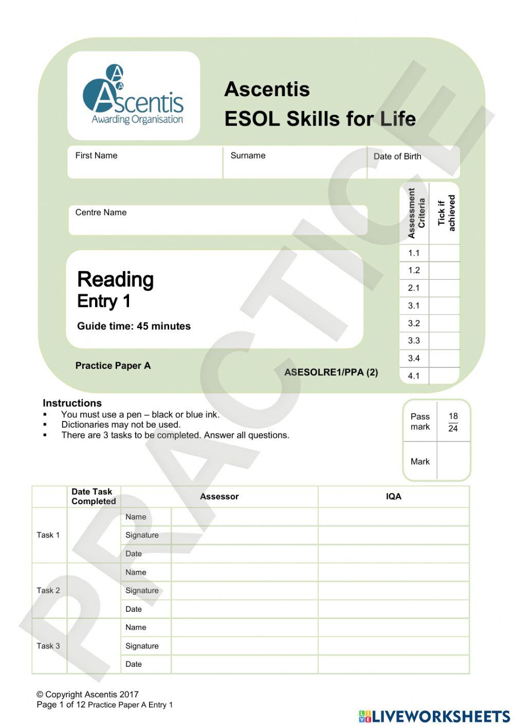 Ascentis Reading Paper A