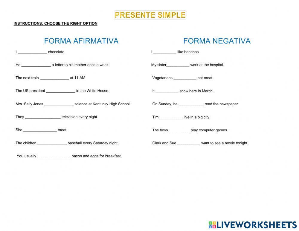 Ejercicio presente afirmativo-negativo