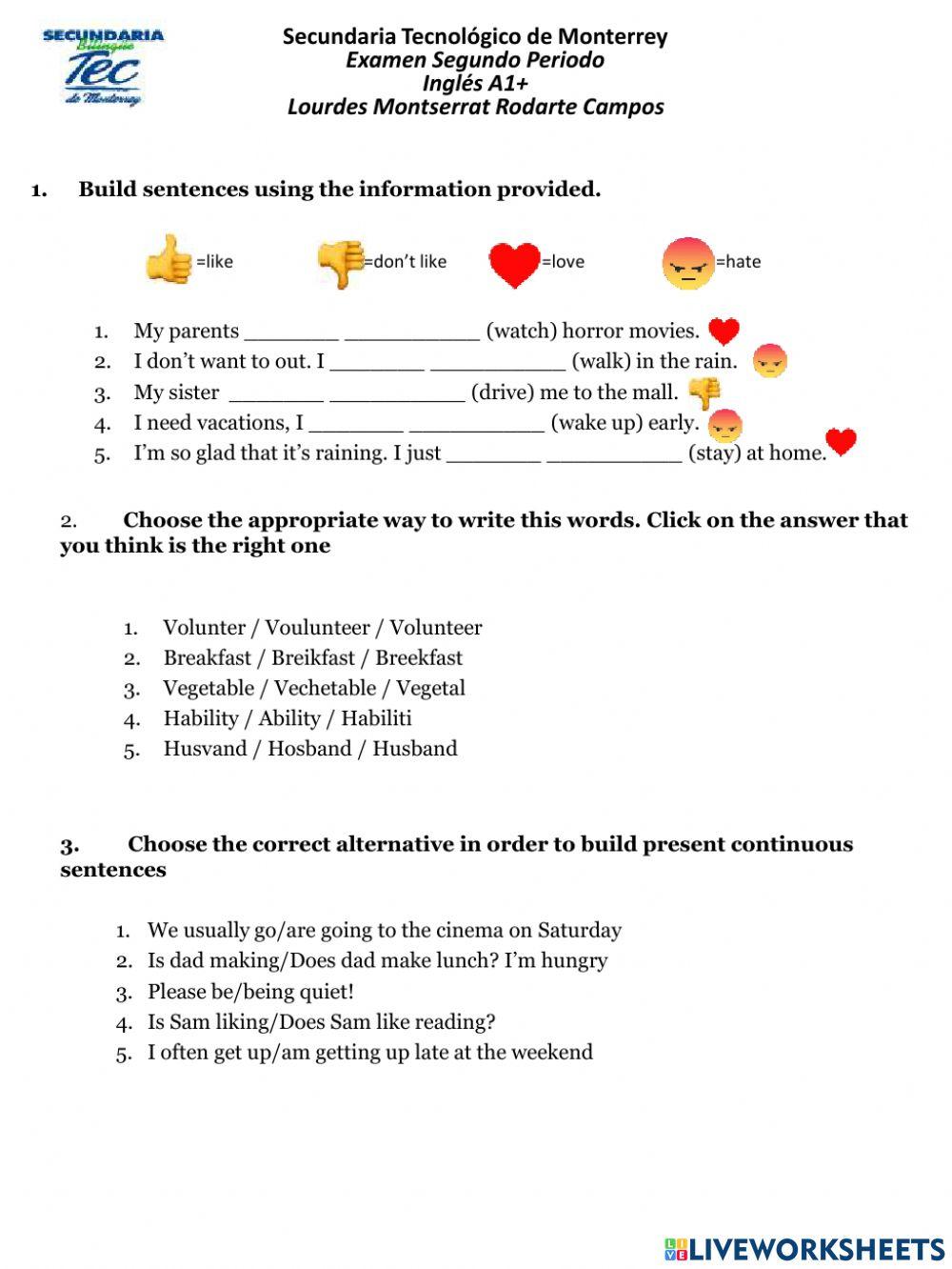 Examen de Recuperación Periodo II Inglés A1+!