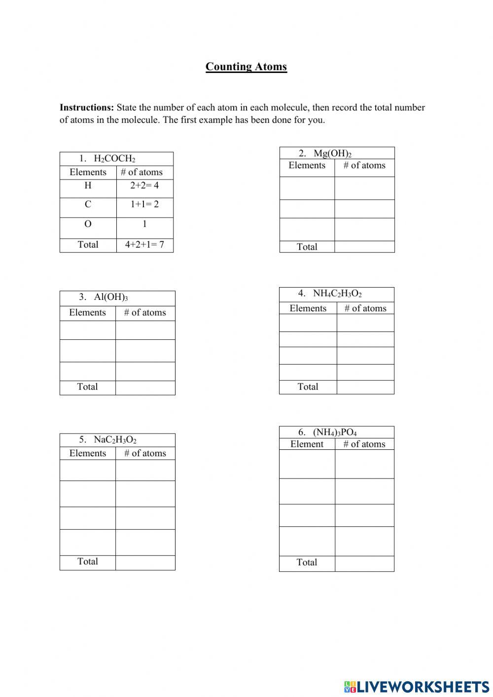 Counting atoms assignment online exercise for live worksheets