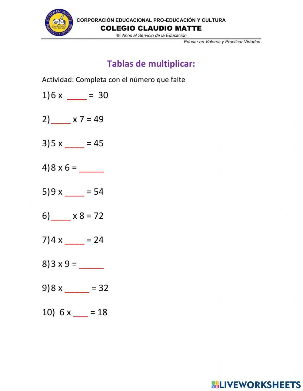 Tablas de multiplicar online exercise for 6 | Live Worksheets