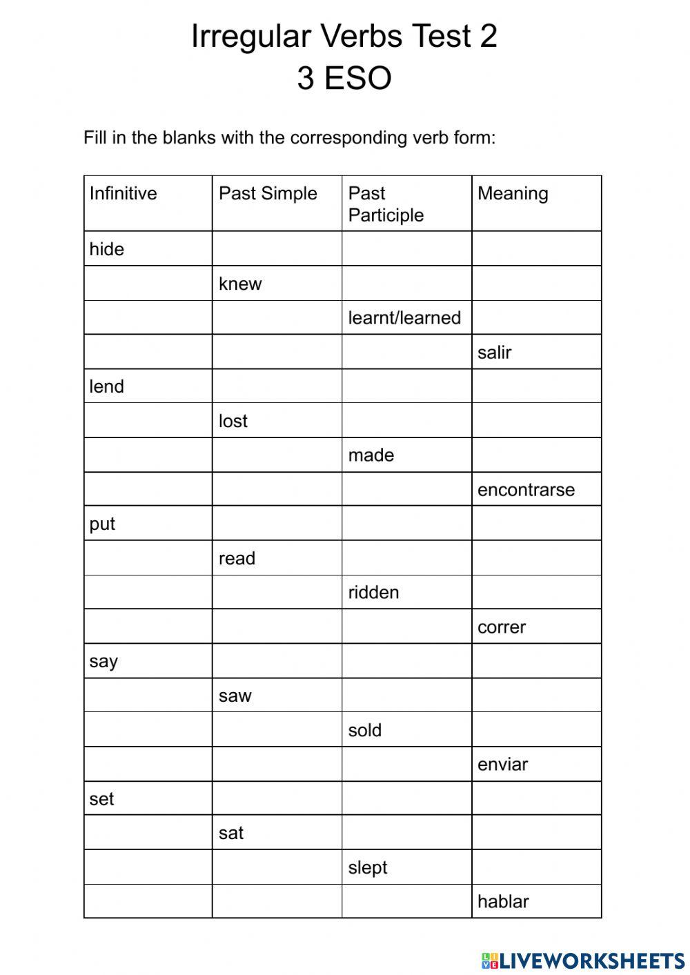 3 ESO Irregular Verbs Test 2