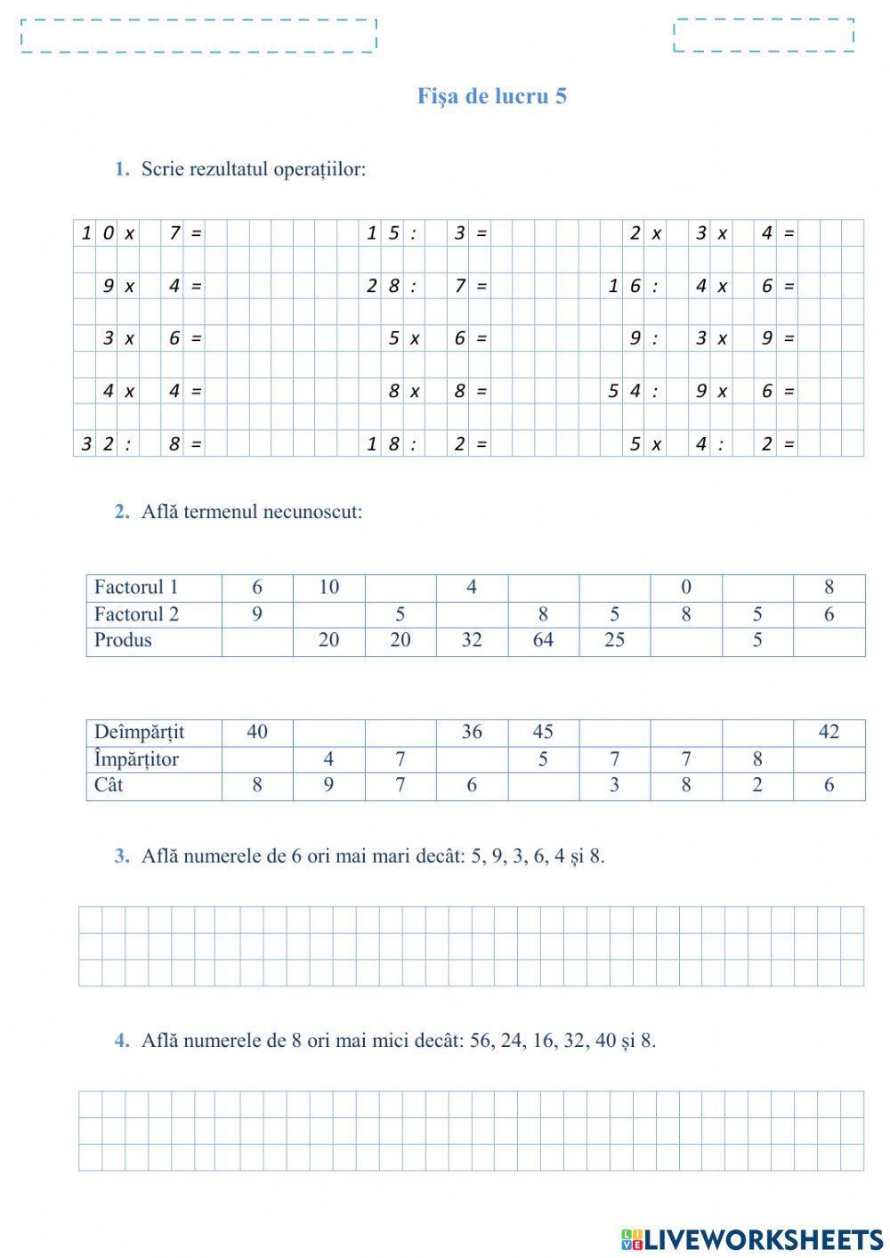 Fișa 5 Înmulțirea și impărțirea