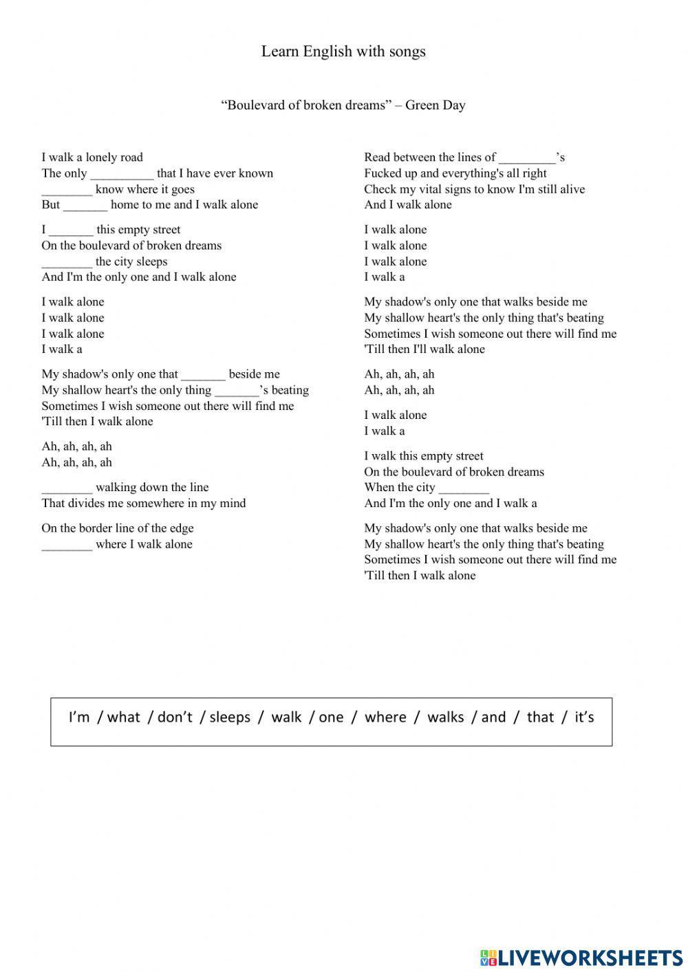 Learn English with songs: -Boulevard of broken dreams- - Green Day Learn English with songs: -Boulevard of broken dreams- - Green Day