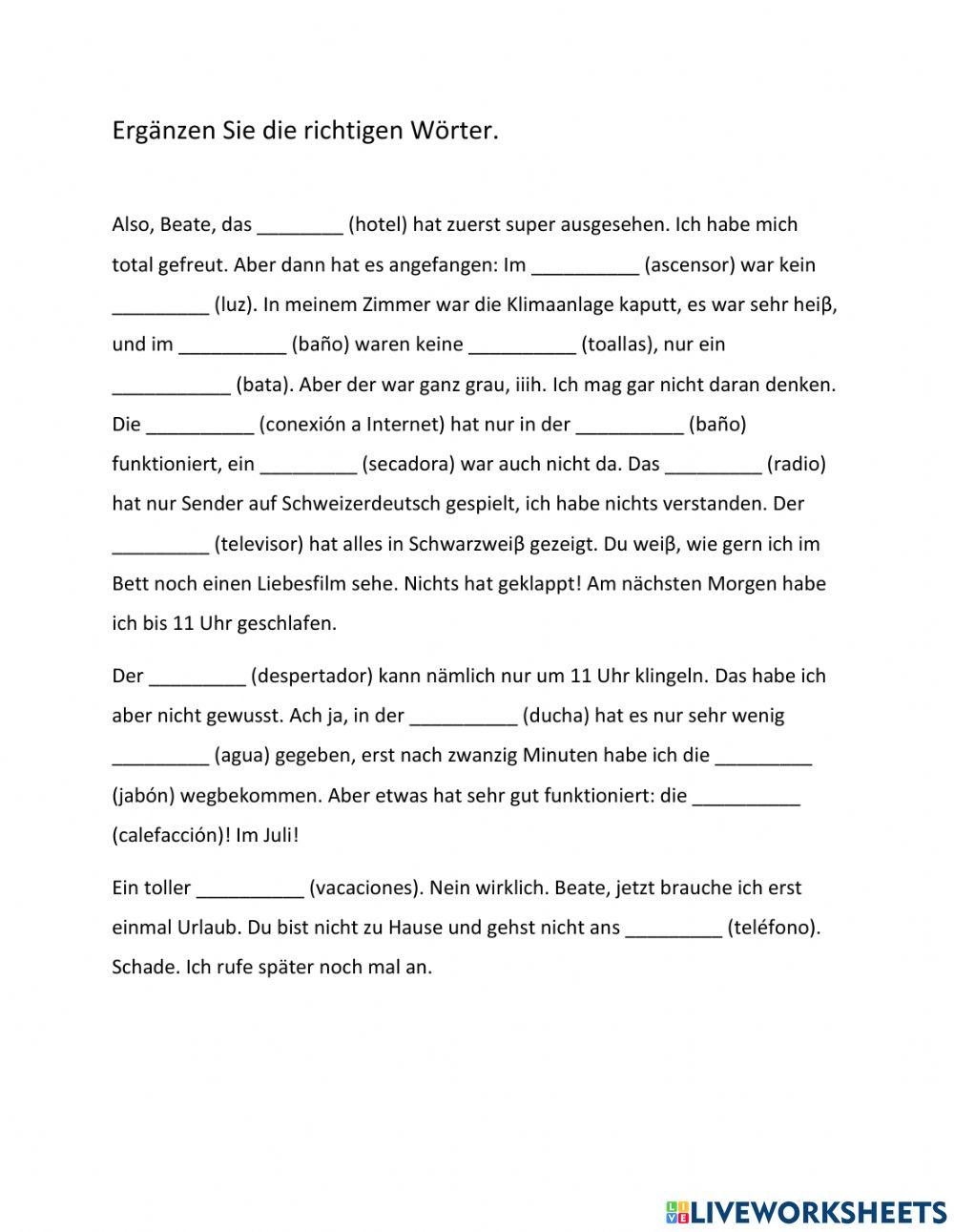 Wortschatz zum Thema Hotel