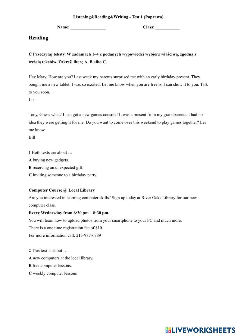 Listening-Reading-Writing - Test 1 (Poprawa) Klasa 7 online exercise ...