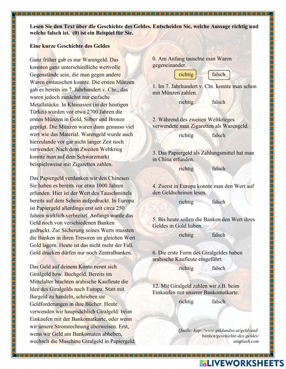 Eine kurze Geschichte des Geldes - Leseverstehen