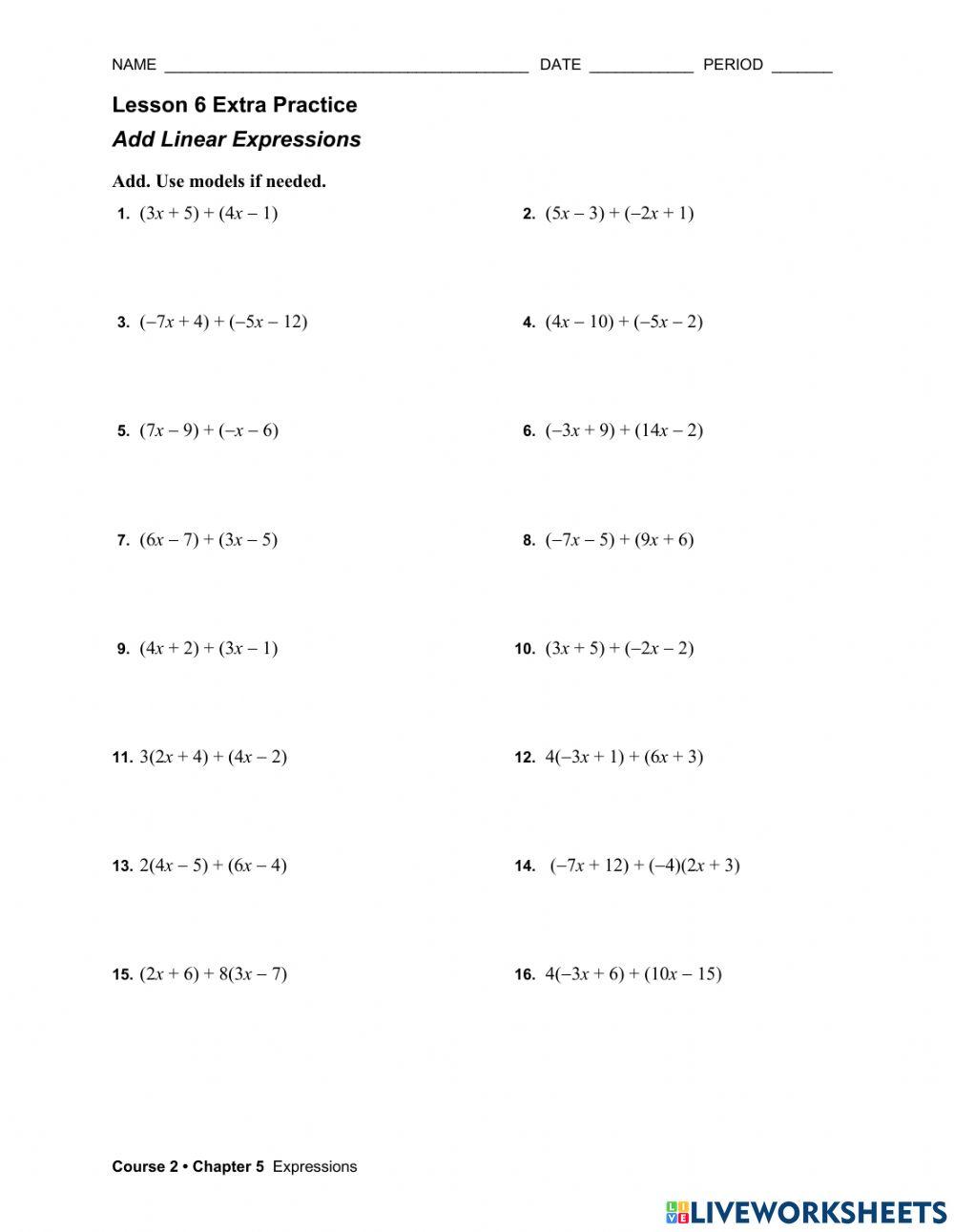 5-2 Adding Linear Expressions worksheet | Live Worksheets 5-2-adding-linear-expressions-worksheet-live-worksheets