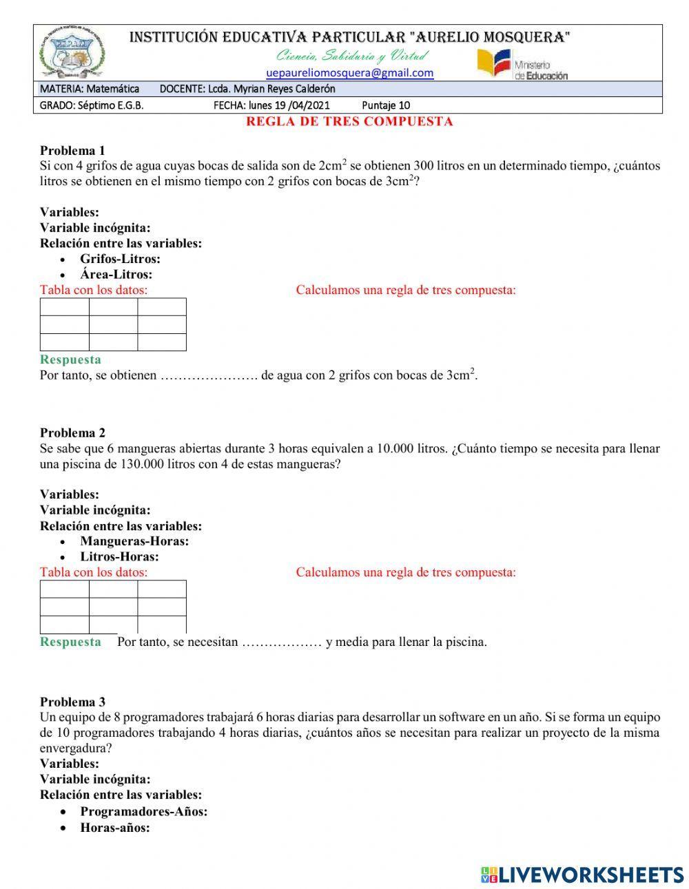 Problemas Regla  de tres compuesta