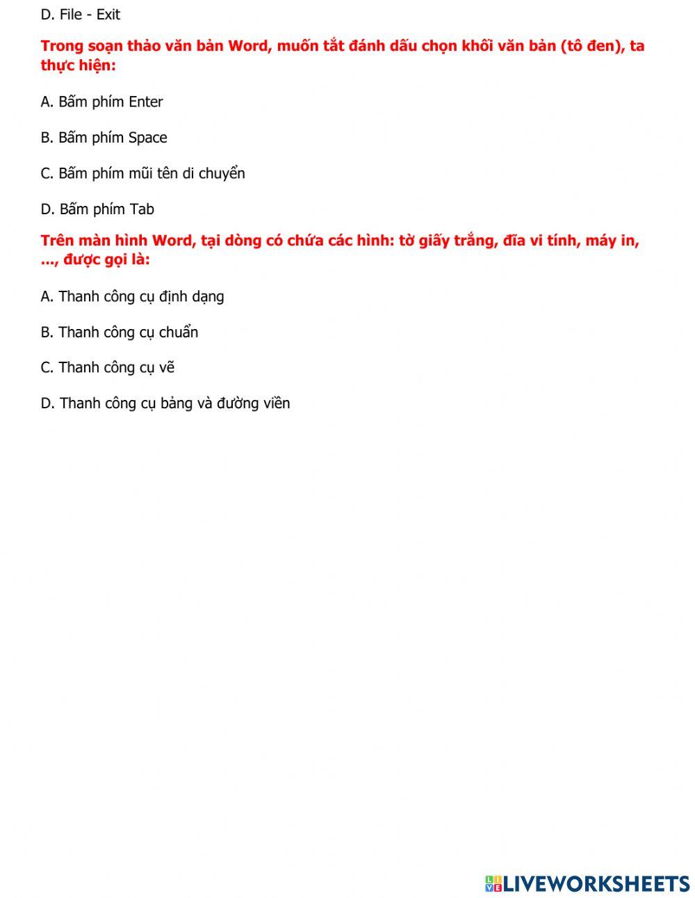 TIN HỌC – BÀI KIỂM TRA WORD SỐ 01