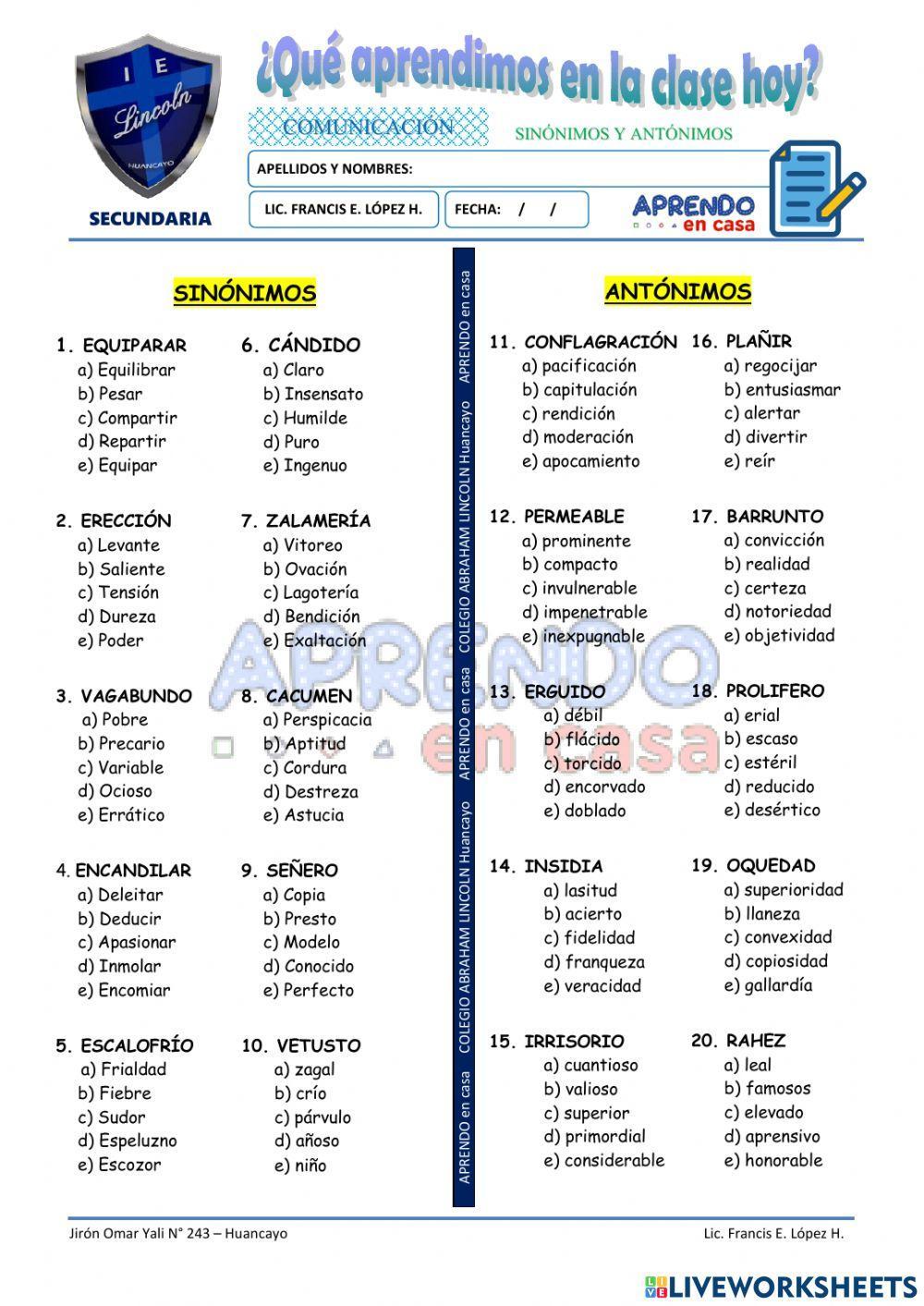 Practica de sinónimos y antónimos II