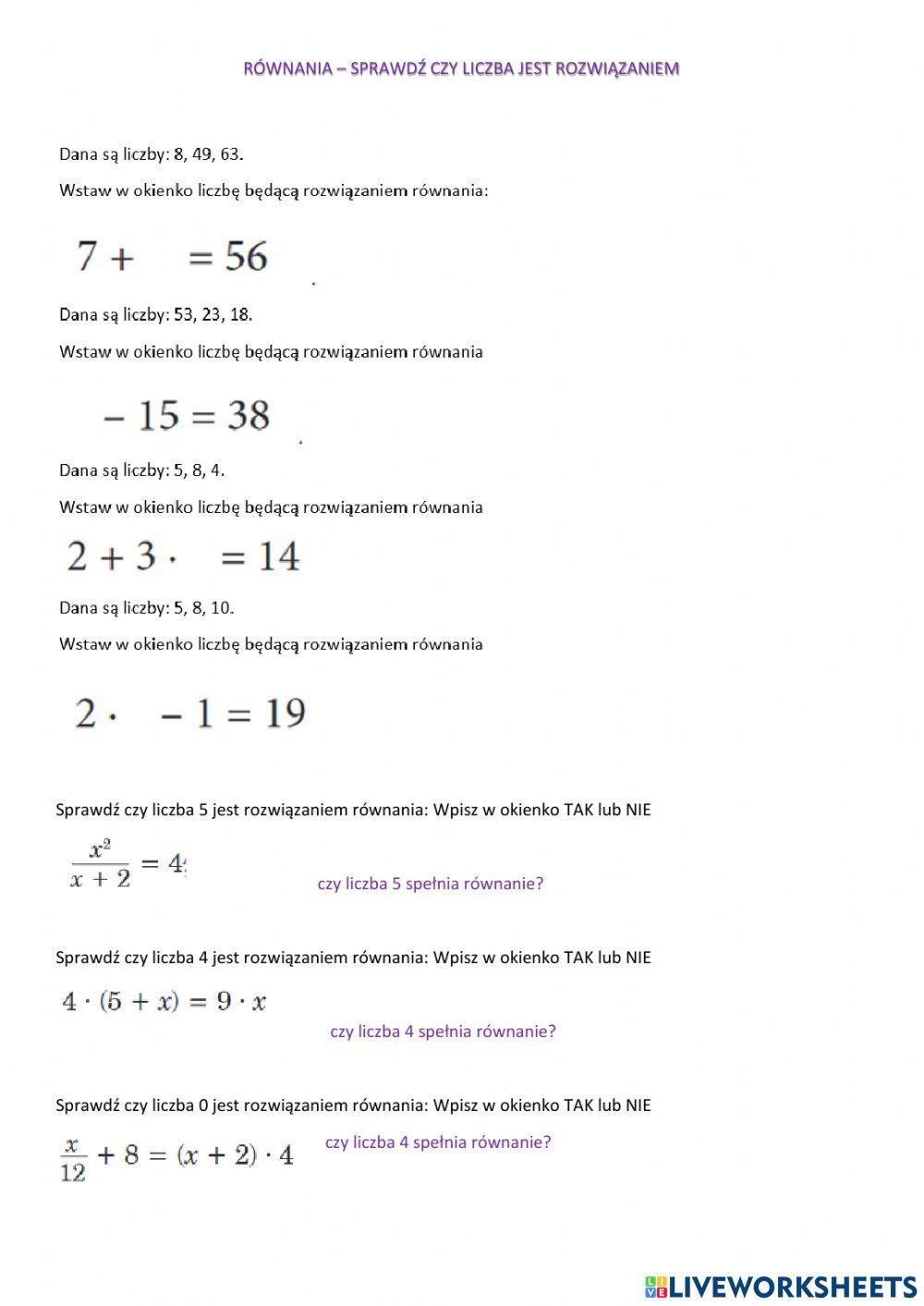 Równania - sprawdź czy liczba jest rozwiązaniem