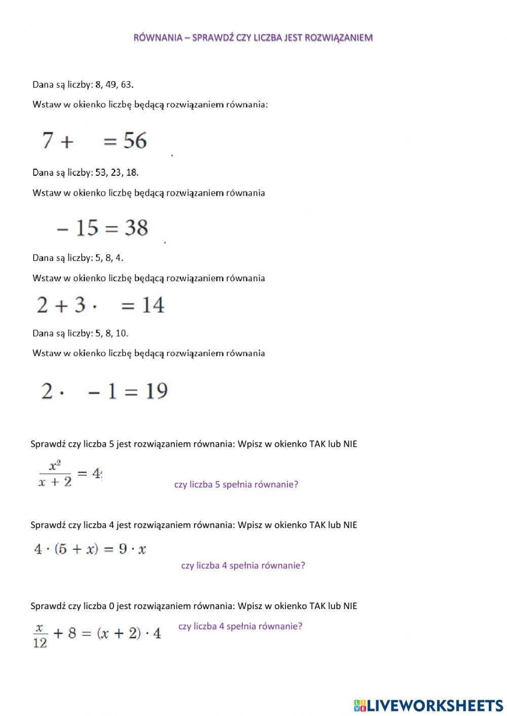 Sprawdź Czy Podana Liczba Jest Rozwiązaniem Równania Równania - sprawdź czy liczba jest rozwiązaniem worksheet | Live Worksheets