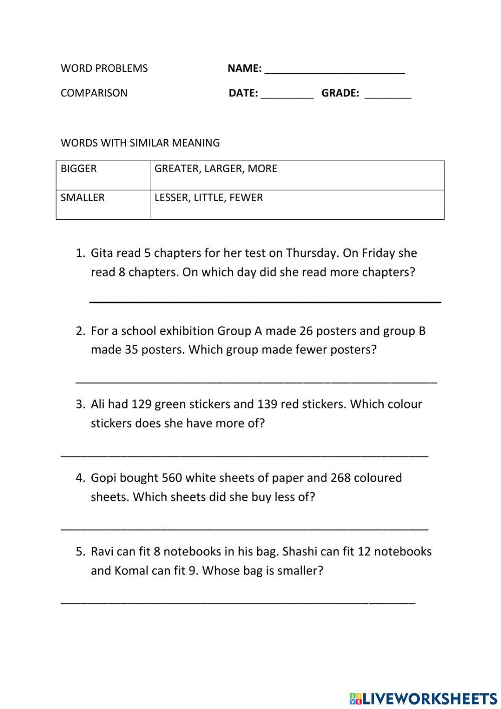 Comparison word problems