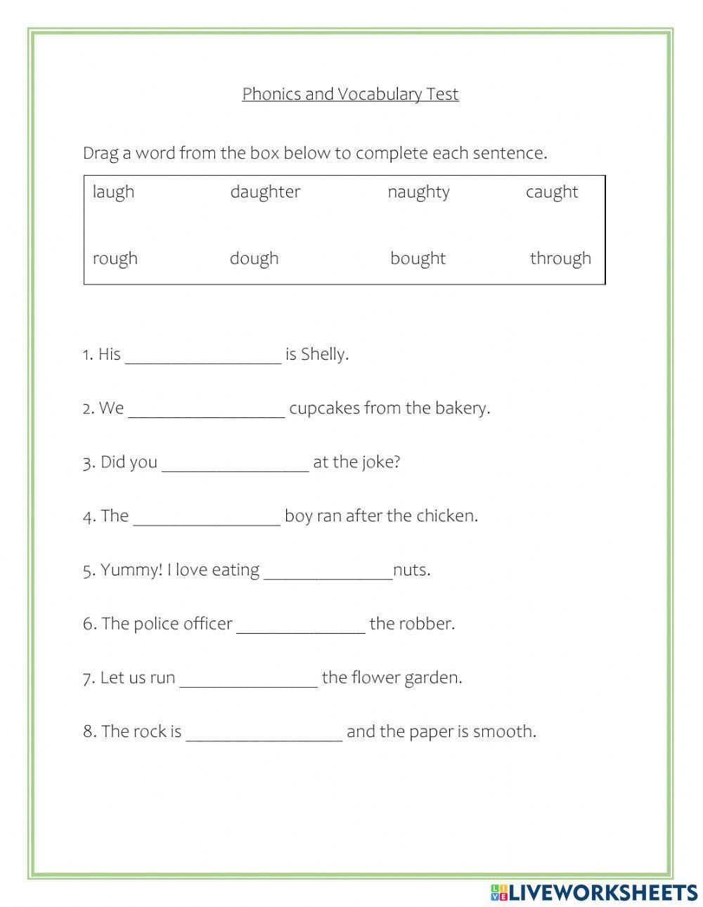 Phonics and Vocabulary April 16th Test