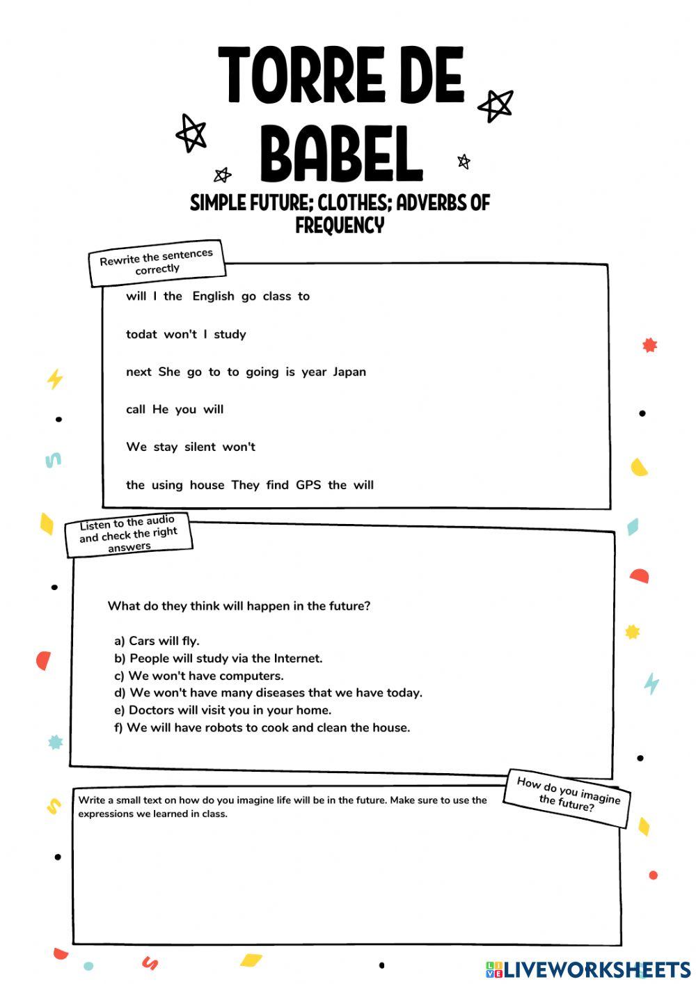 Torre de Babel - Simple future- clothes- adverbs of frequency