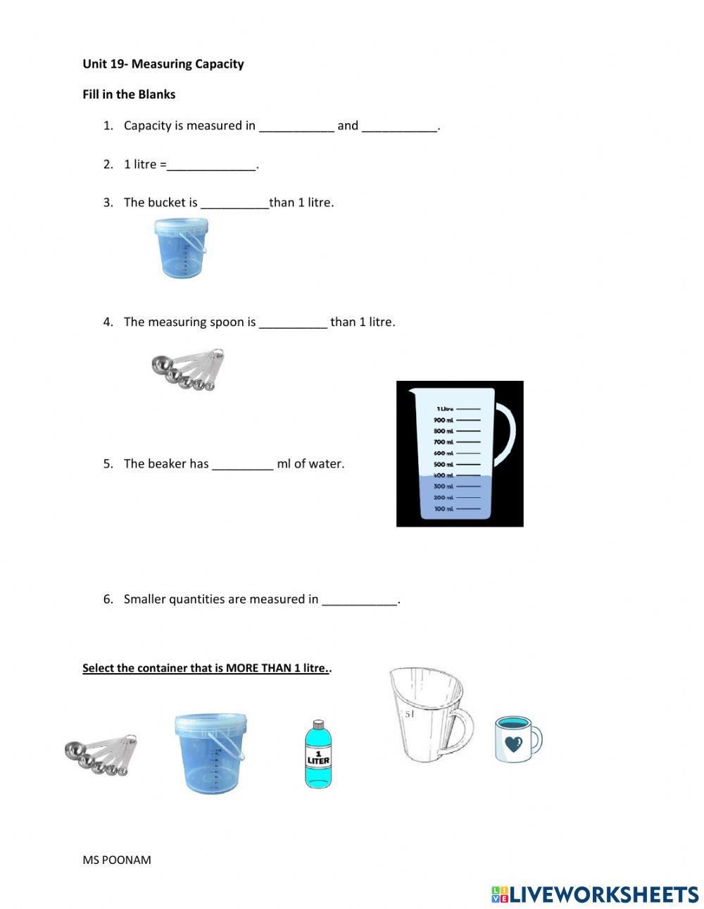 Measure capacity Litres and Millilitres