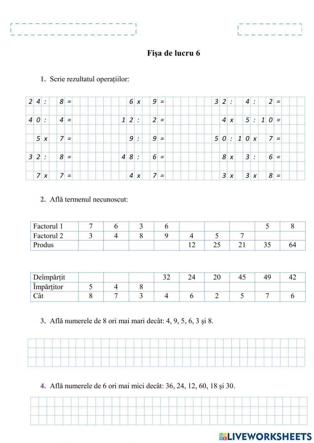 Fișa 6-Înmultirea si împărțirea numerelor naturale