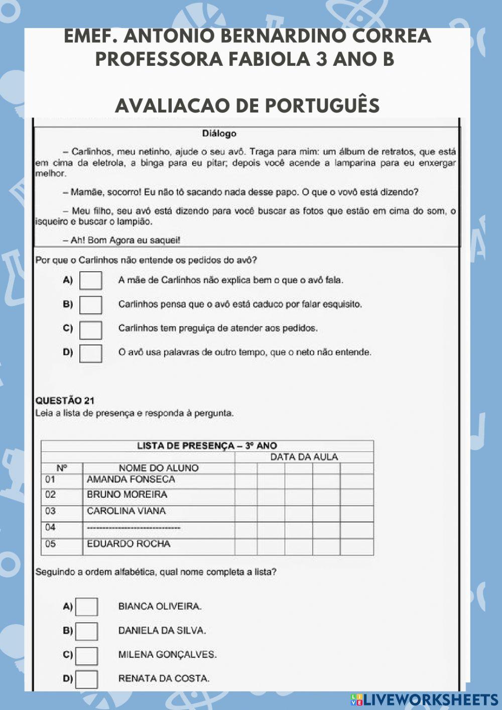 Ativiadae avaliativa 3 ano