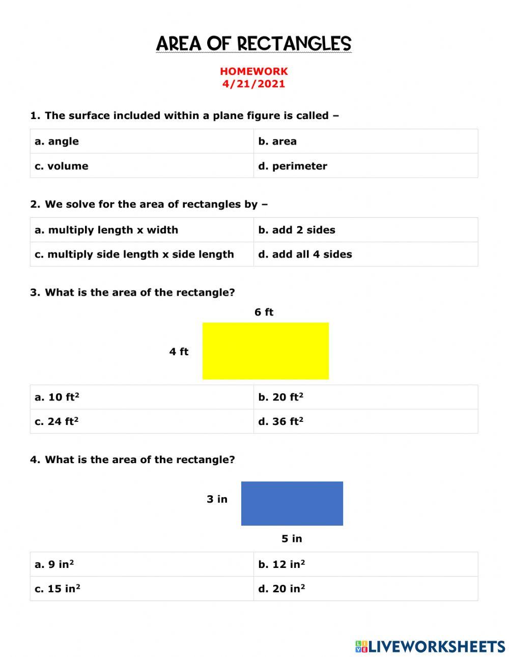 Area of Rectangles Homework