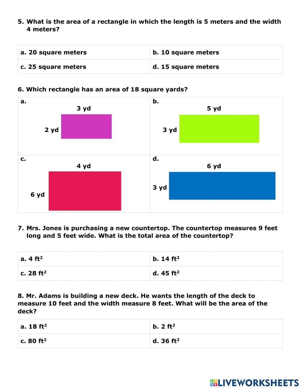 Area of Rectangles Homework