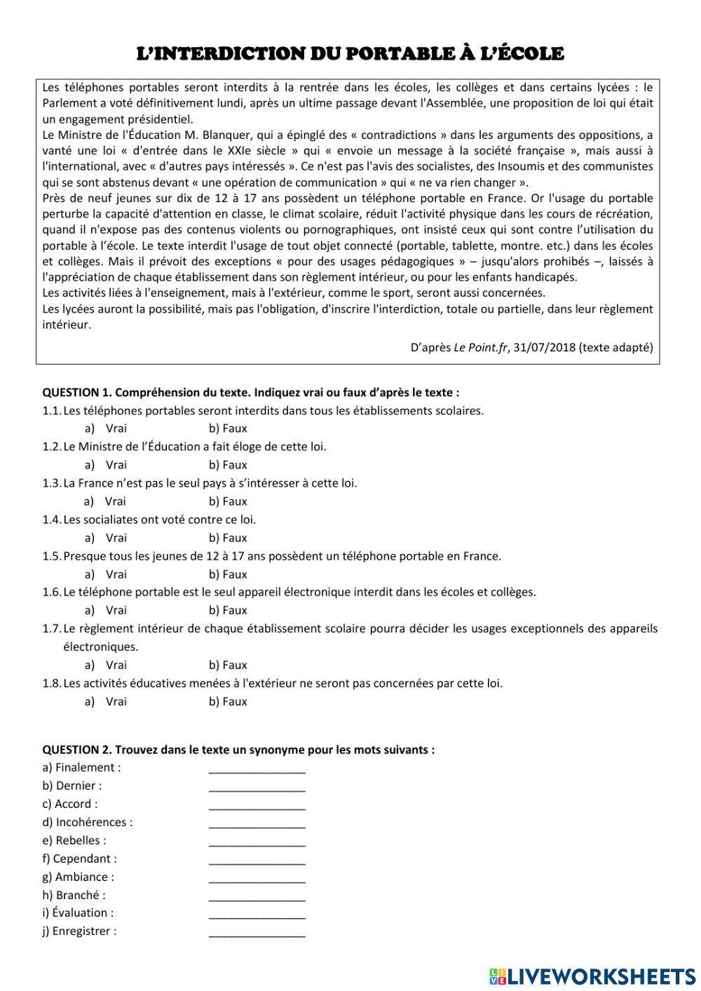 L'interdition du portable à l'école