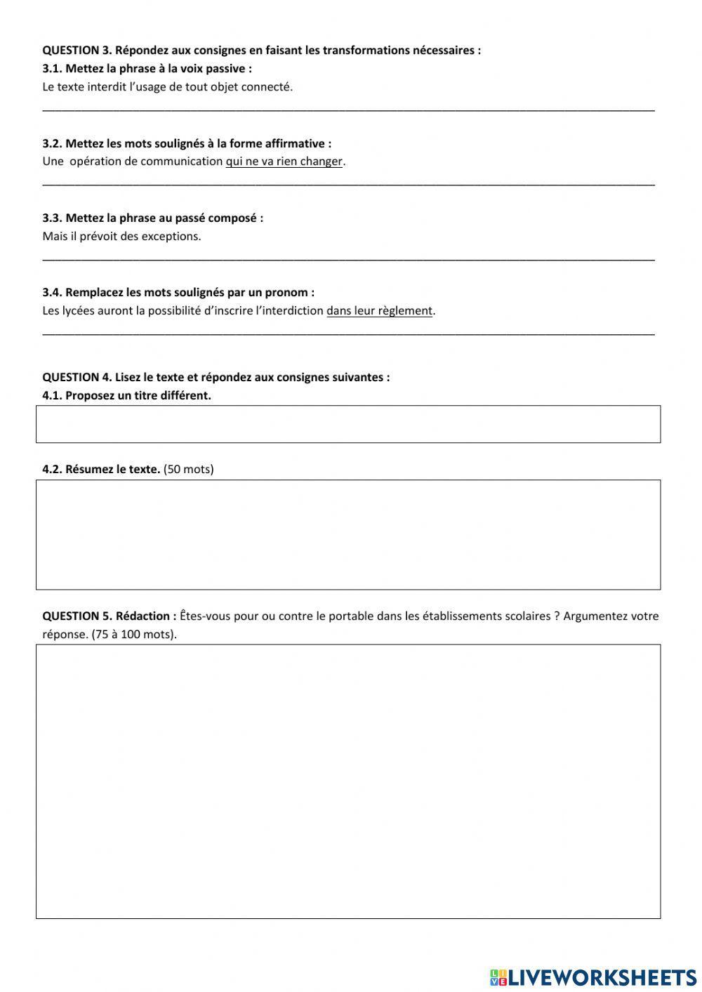 L'interdition du portable à l'école