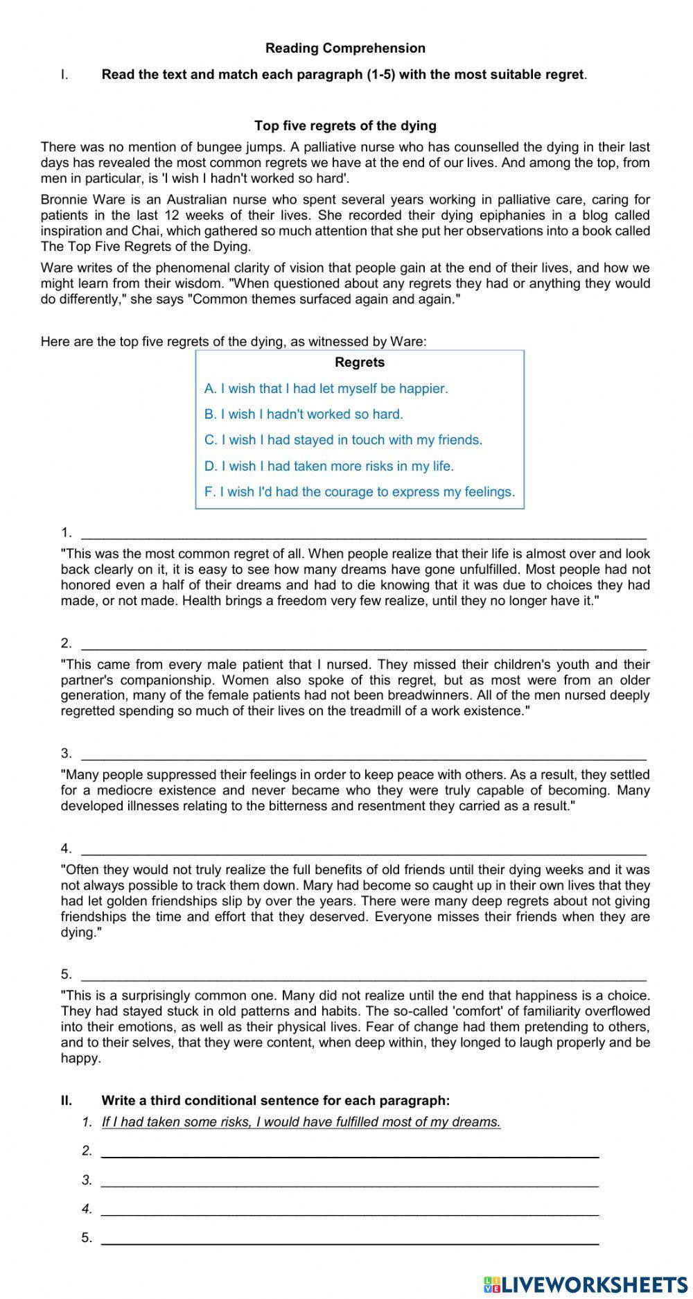 Reading- Regrets and third conditional