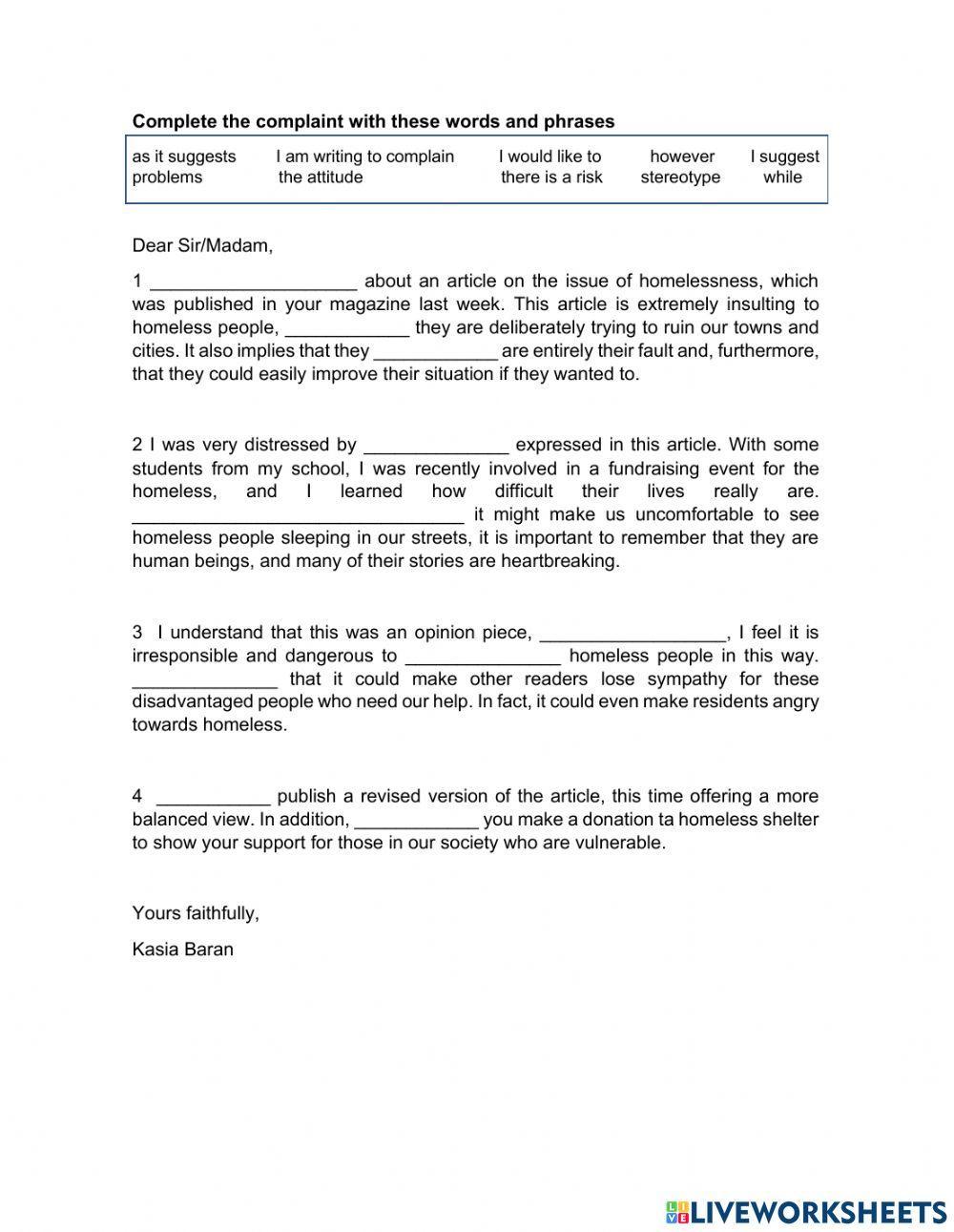 Letter of complaint (B2)