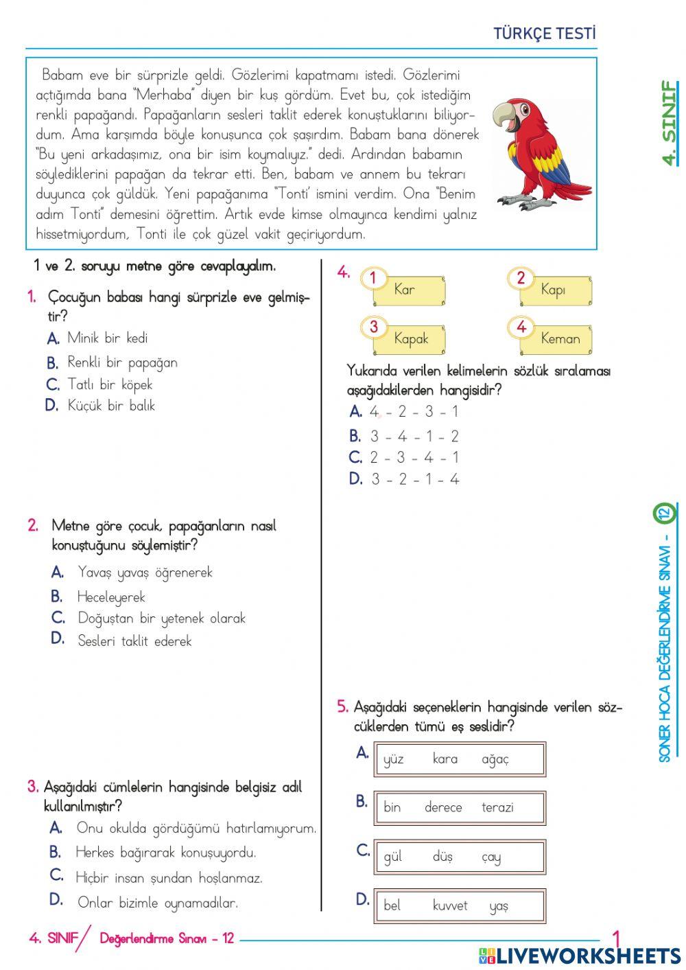 4.sınıflar deneme sınavı