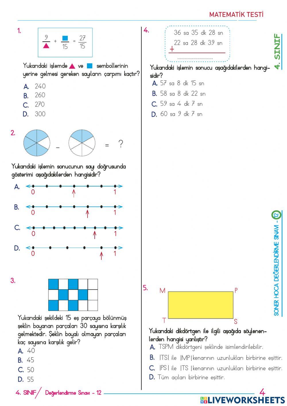 4.sınıflar deneme sınavı
