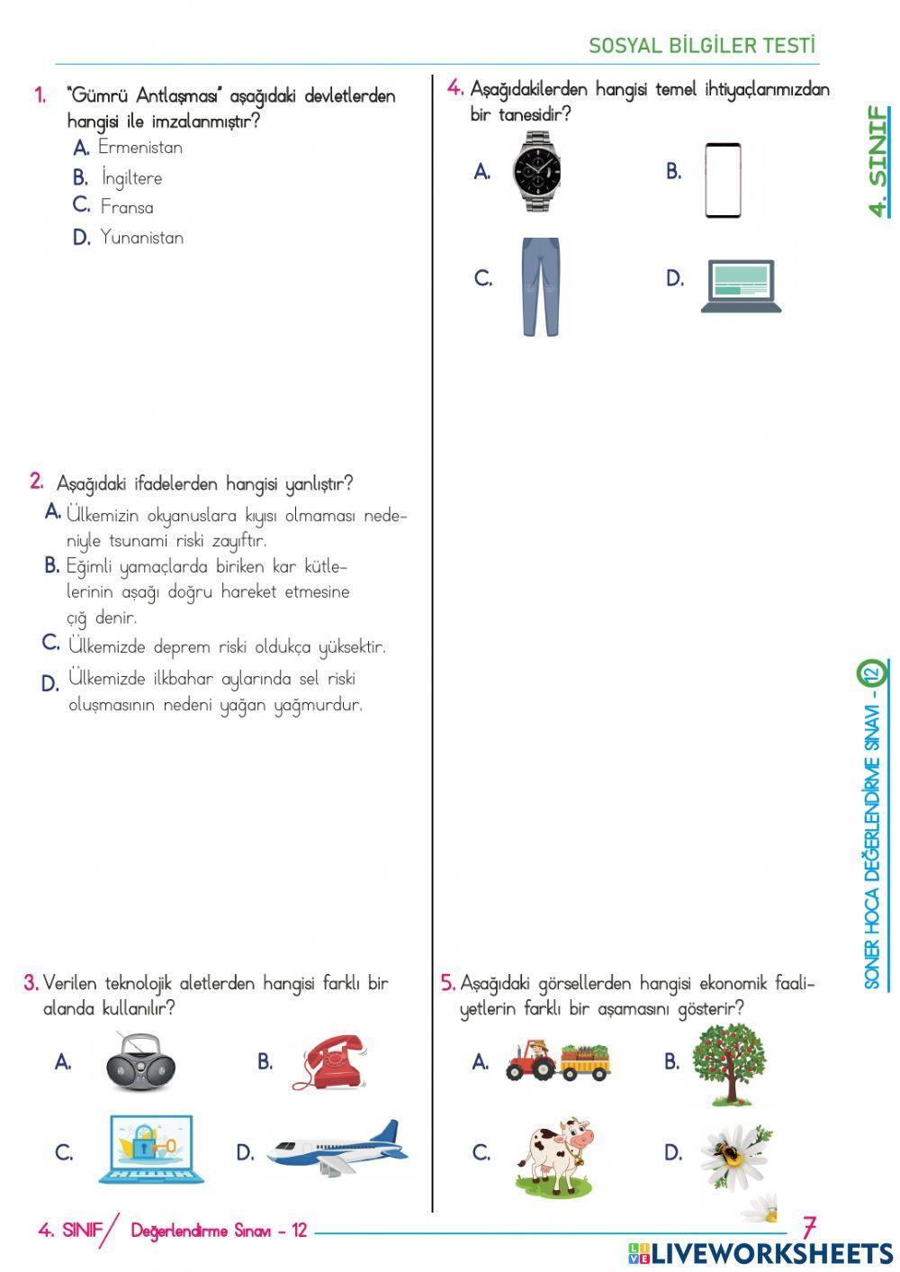 4.sınıflar deneme sınavı