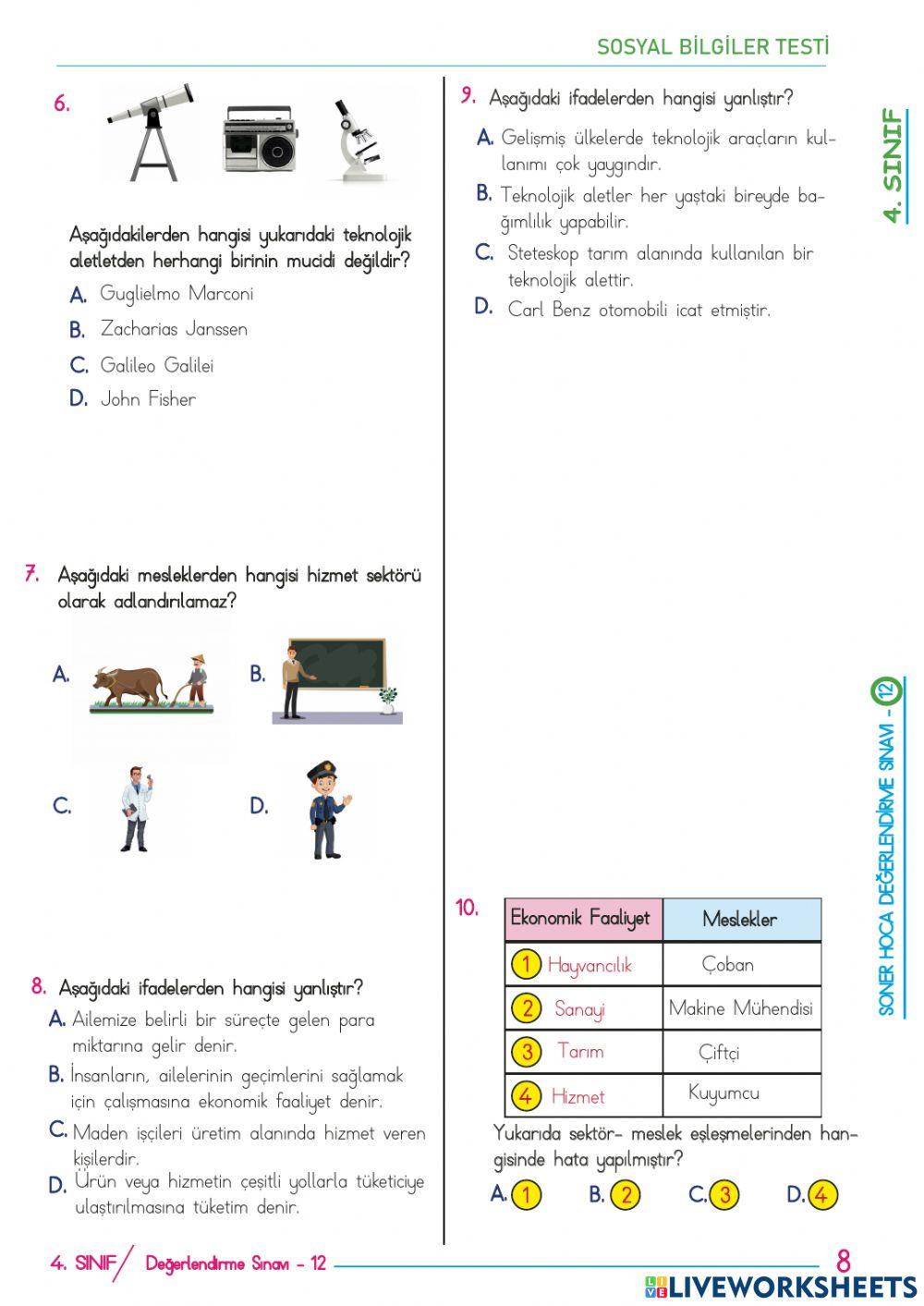 4.sınıflar deneme sınavı