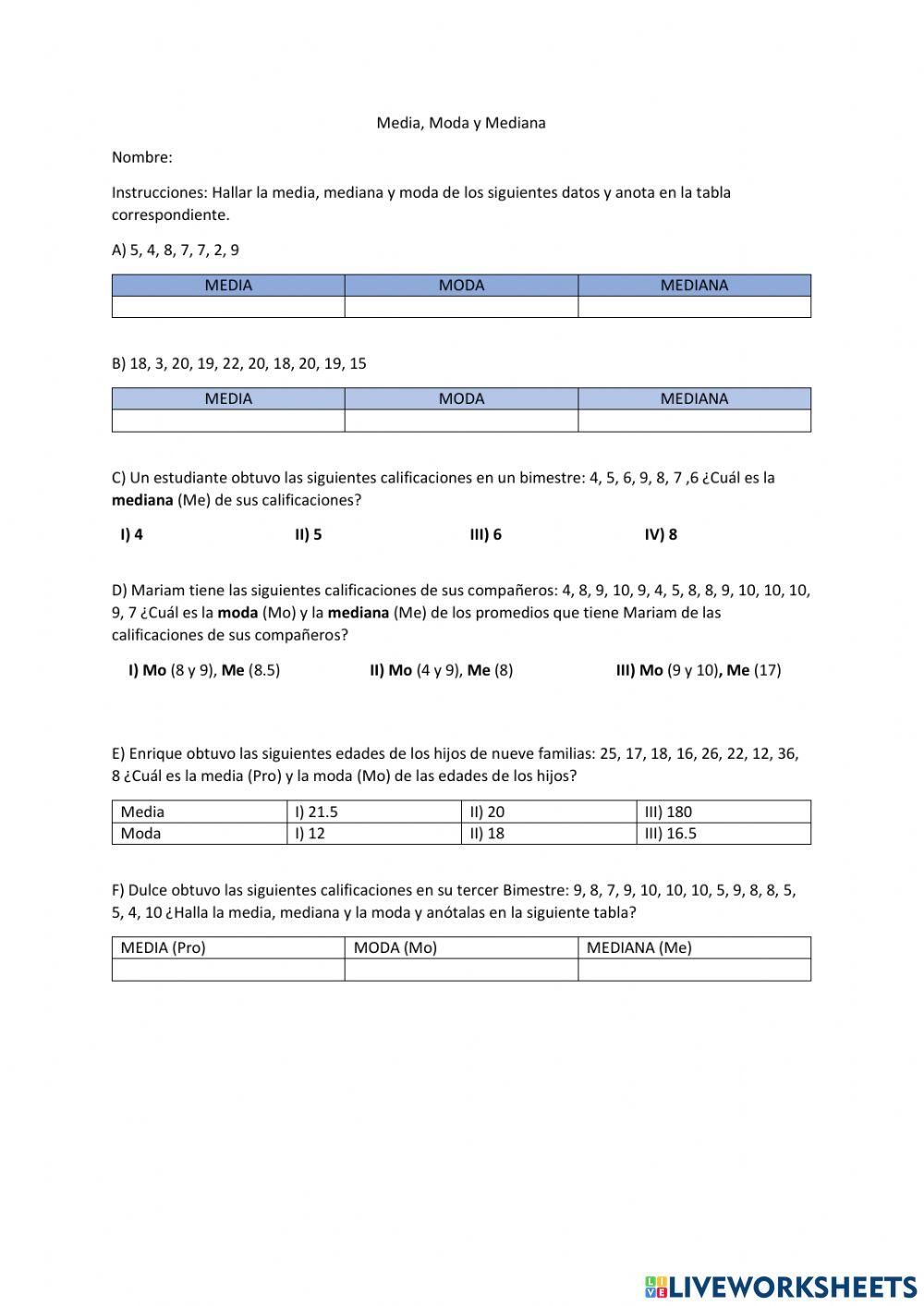 Media, mediana y Moda