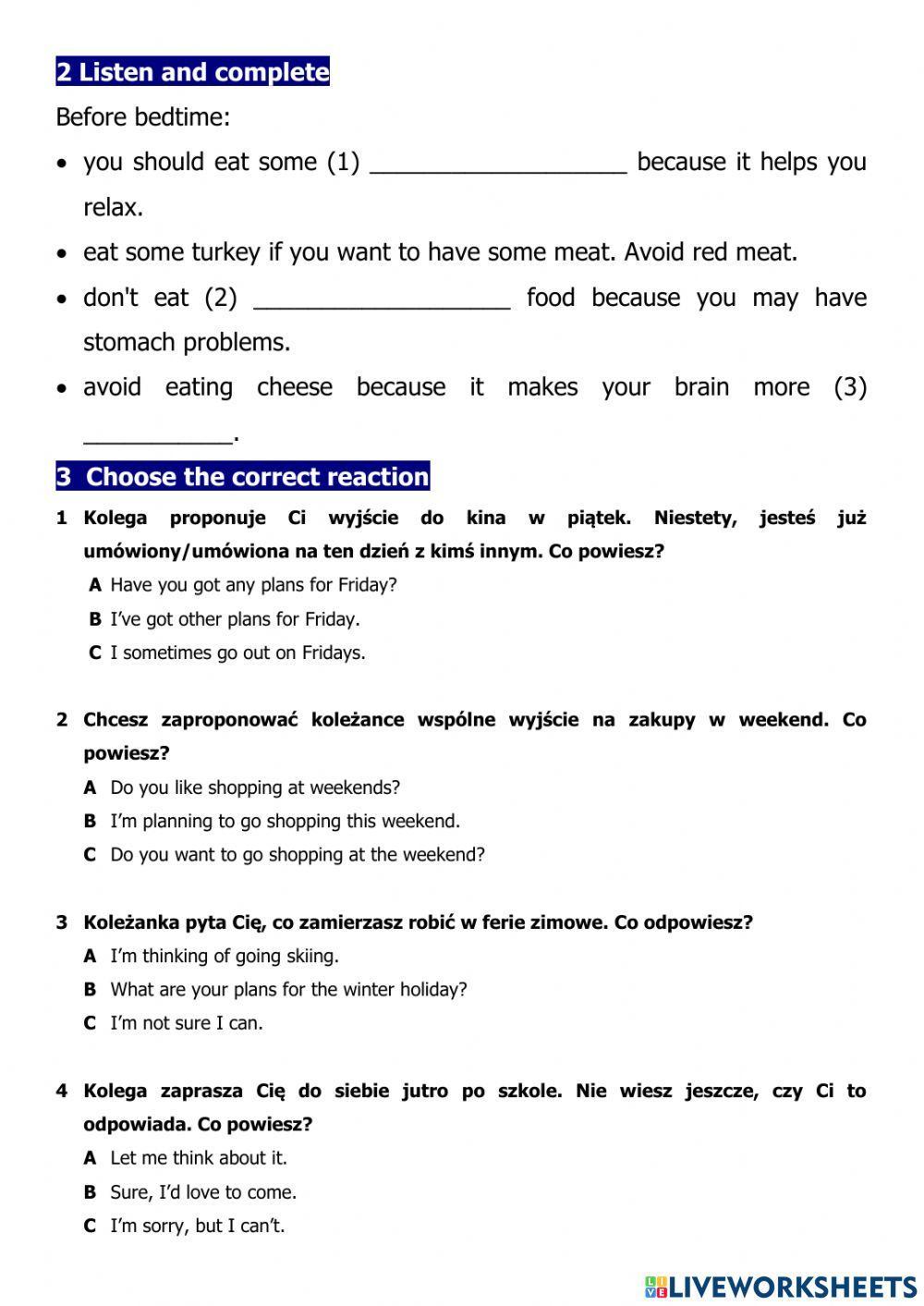 Listening and reading (food )