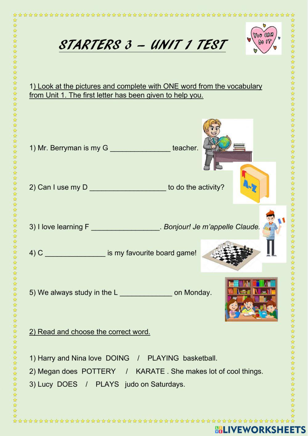 Starters 3 Unit 1 test Use of English