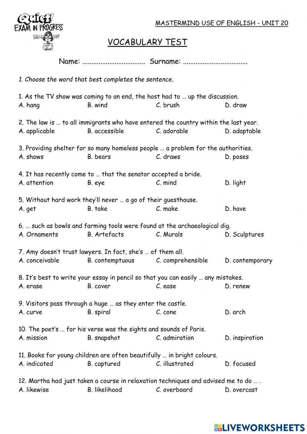 Mastermind Unit 20 Vocabulary Test