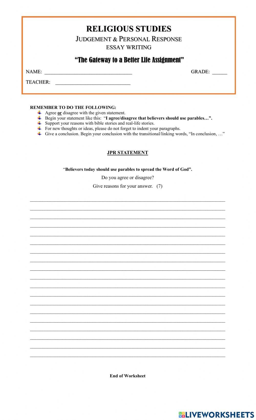 JPR Writing Worksheet-Grade 8