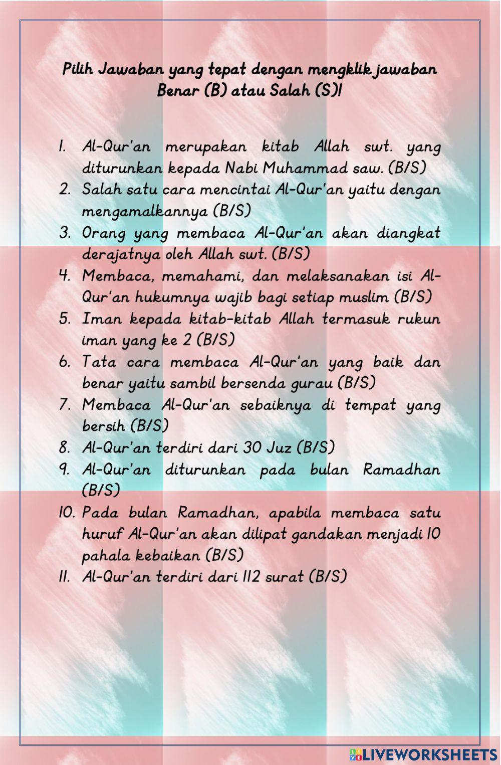 Worksheet Keutamaan Membaca Al-Qur'an