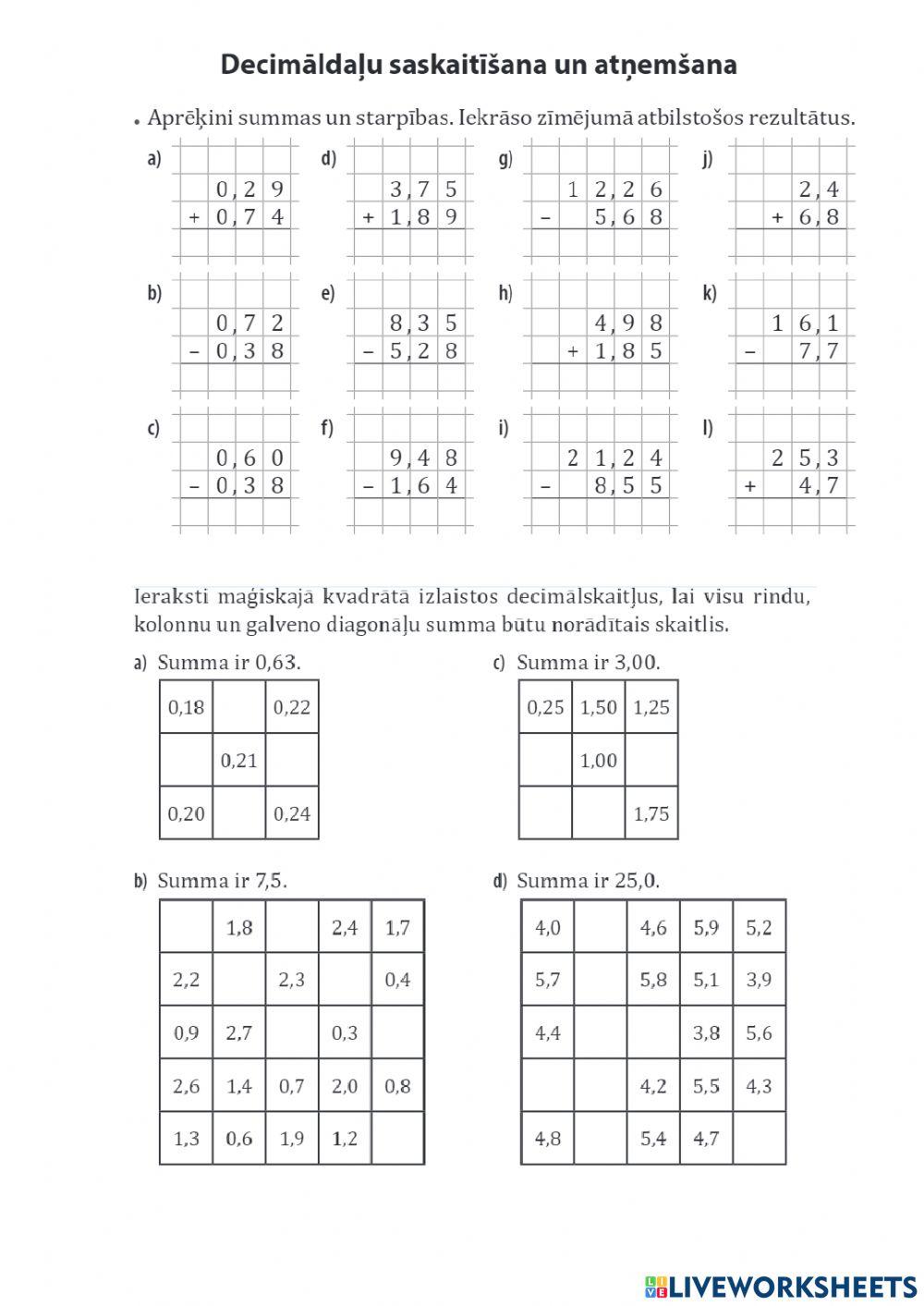 Decimāldaļu saskaitīšana un atņemšana