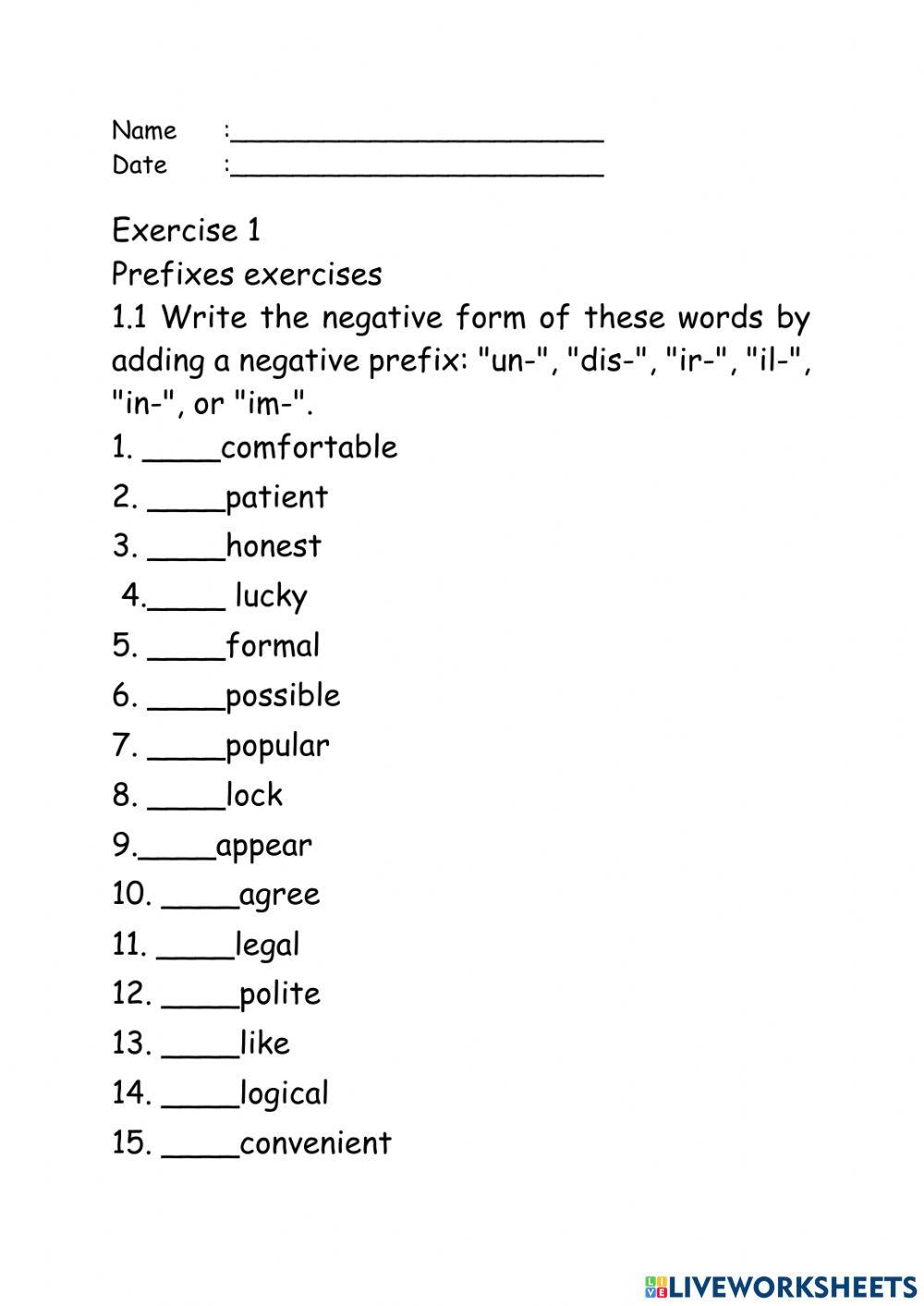 Prefixes online pdf worksheet | Live Worksheets
