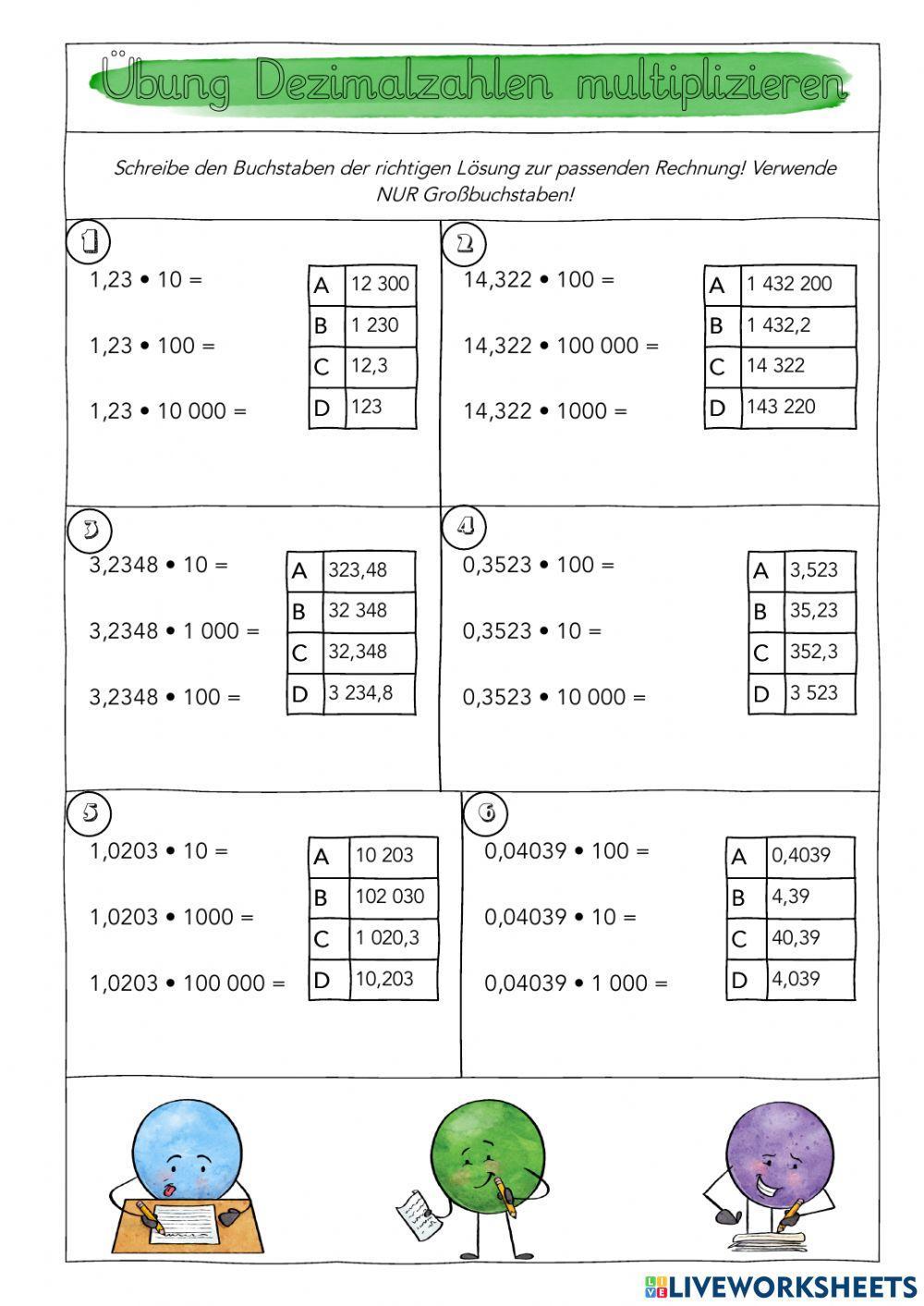 Brüche In Dezimalzahlen Umwandeln übungen Pdf Übung Dezimalzahlen multiplizieren worksheet | Live Worksheets