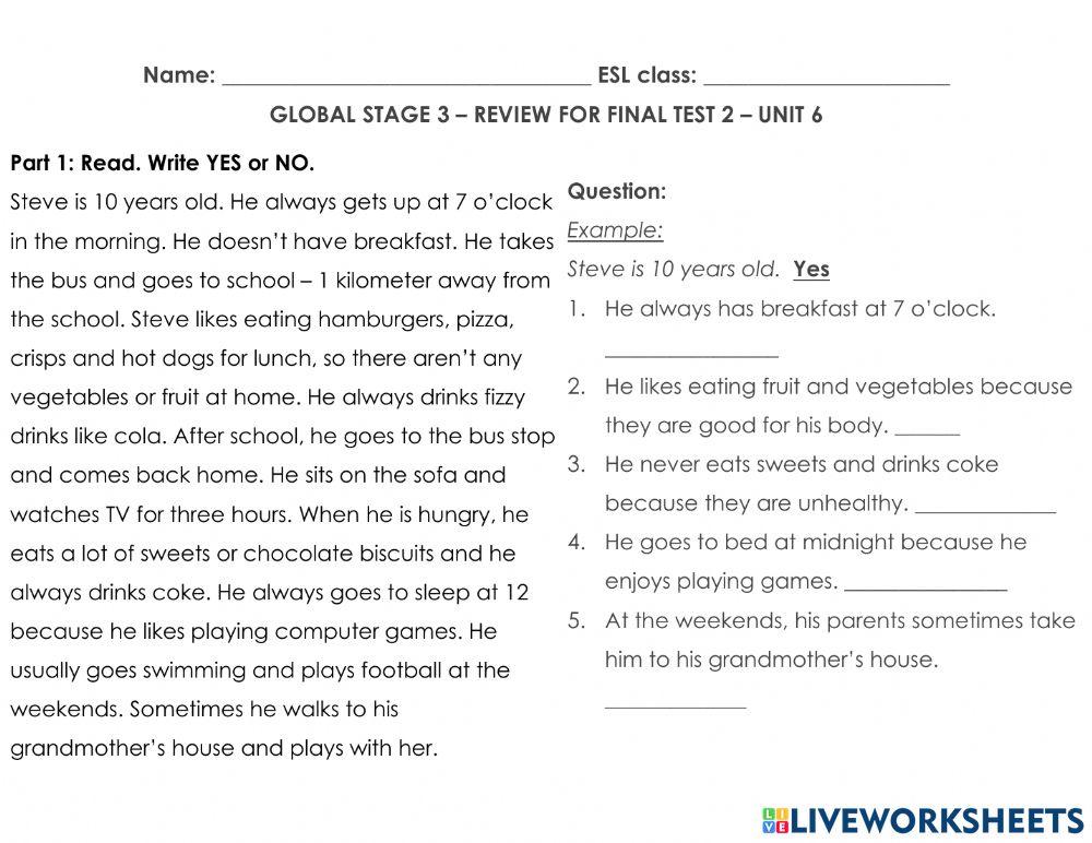 Food and Nutrition Reading and Writing