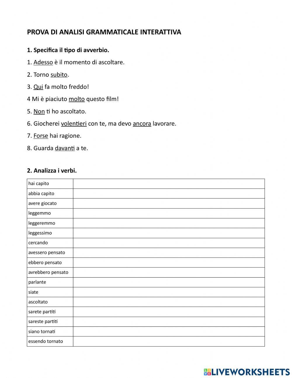 Italiano analisi grammaticale classe quinta