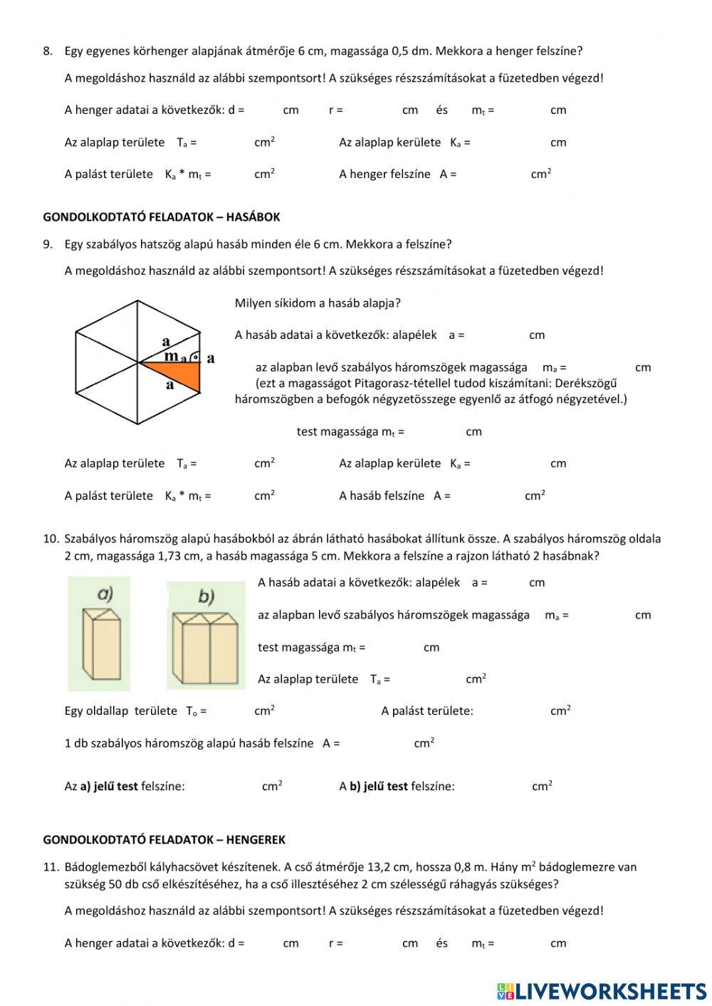 Hasáb, henger felszíne - gyakorlás